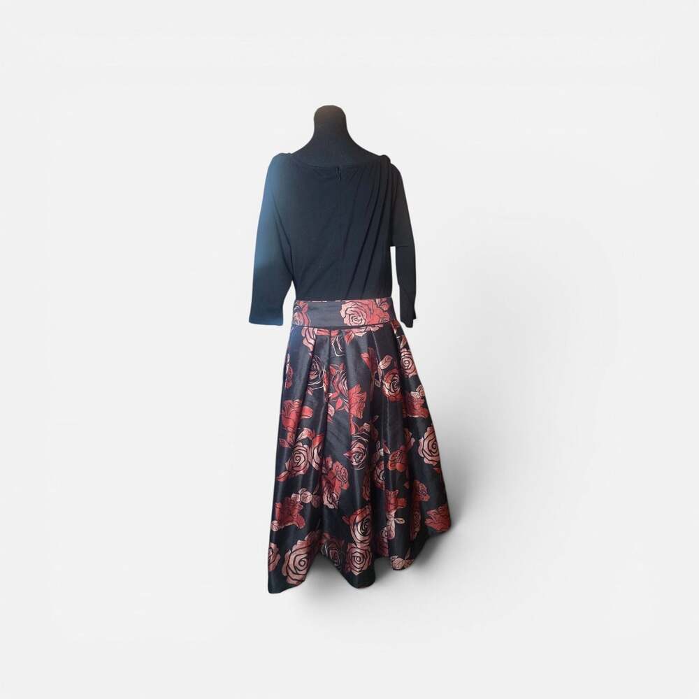 eShakti Custom Black V-Neck Dress with Red Rose Jacquard Skirt - Picture 3 of 5